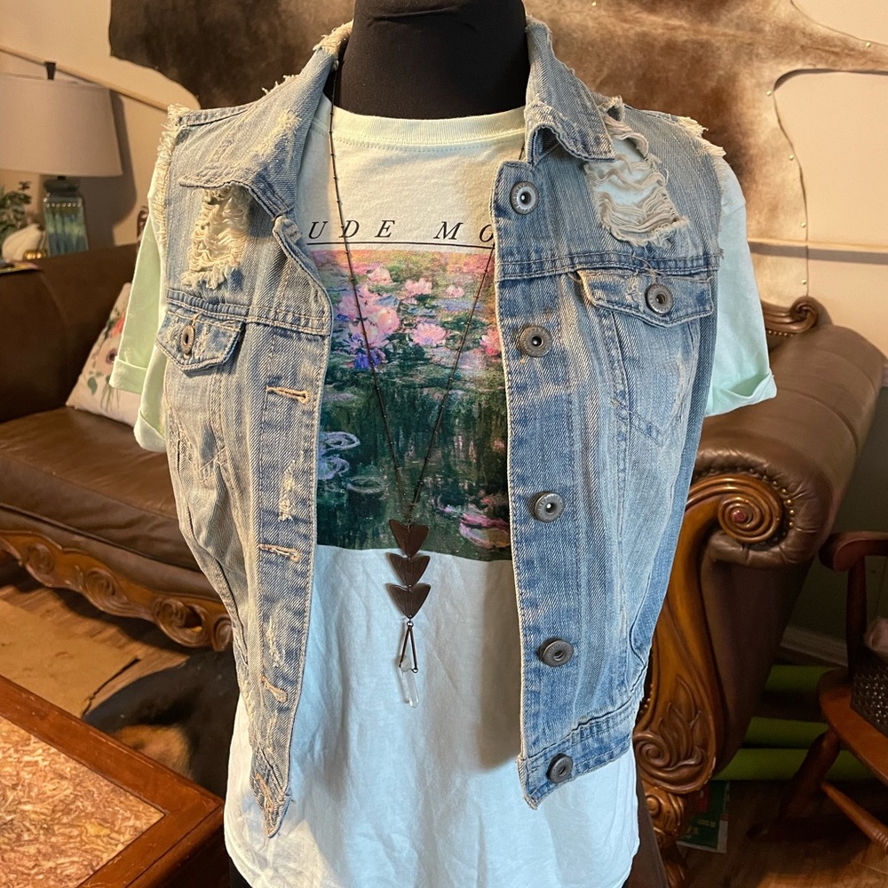 Highway distressed light wash denim vest